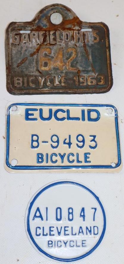 Group of 3 1960's-70's Cleveland Area Bicycle License Plates: Largest is 5" x 4.25"