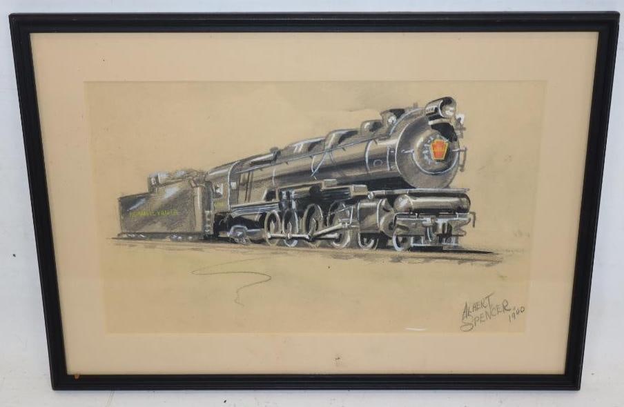 1940 Pennsylvania Railroad Locomotive and Coal Tender Framed Artwork By Albert Spencer: 16.5" x 12"
