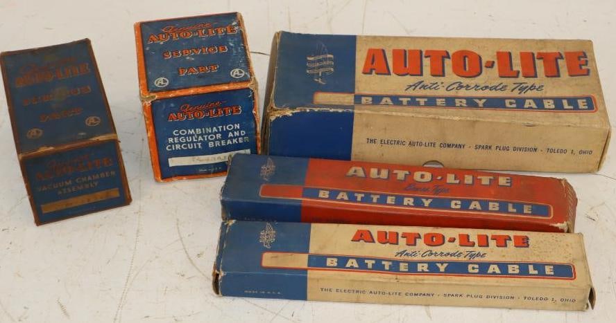 Group of 5 Auto-Lite Battery Cables, Regulator, and Vacuum Chamber Assembly Parts in Original Boxes (1 of 6)