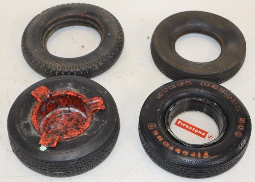 Group of 4 Advertising Tire Ash Trays: Two tires are missing ash trays. Largest is 6" x 6" x 1.5"