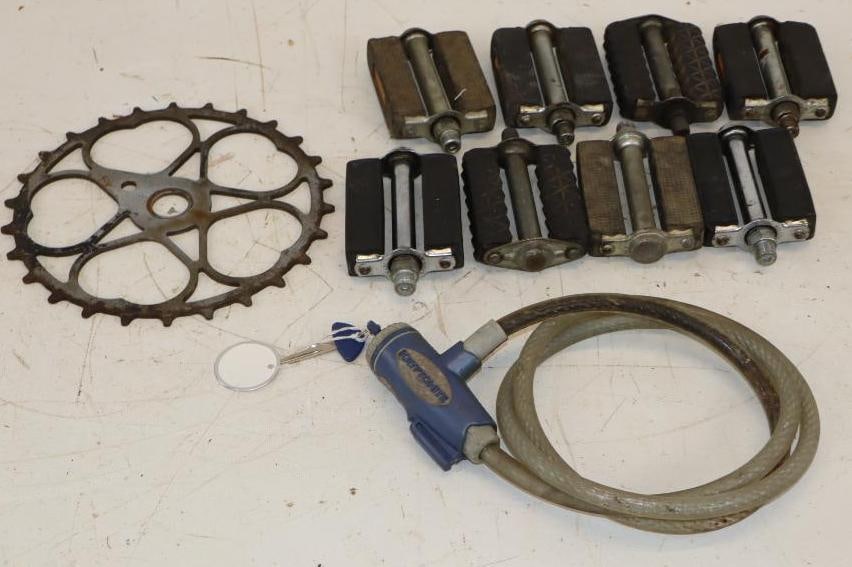 Group of 10 Vintage Bicycle Pedals, Sprocket, and Lock with Key (1 of 5)