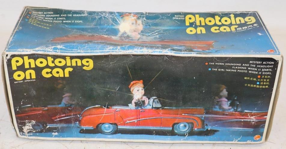 Battery Operated Photoing on Car Tin Litho Mystery Action Toy in Original Box: 13.5" x 5" x 6"