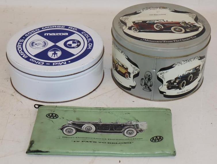 Group of 3 Duesenberg, and Maserati Advertising Tins, and Glove Compartment Document Case (1 of 4)