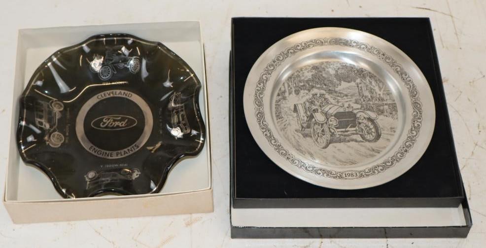 Group of 2 Ford Glass Advertising Ash Tray, and General Tire Pewter Plate in Original Boxes (1 of 4)