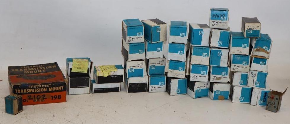 Group of 37 GM, Buick, and Chevy Parts Boxes: All boxes are empty. Largest is 7" x 7" x 3.5"