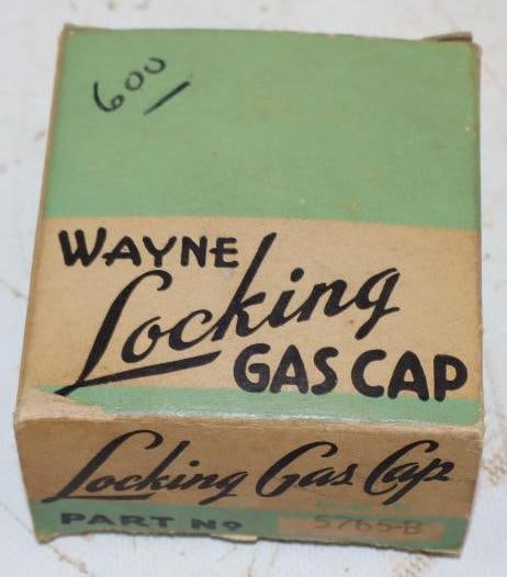 1950's Wayne Locking Gas Cap in Original Box: 3.25" x 3.25" x 1.5"
