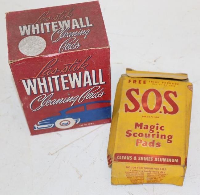 Group of 2 1950's Las-Stik, and SOS White Wall Cleaning Pads in Original Boxes: Largest is 5.5" x 3" x 4"