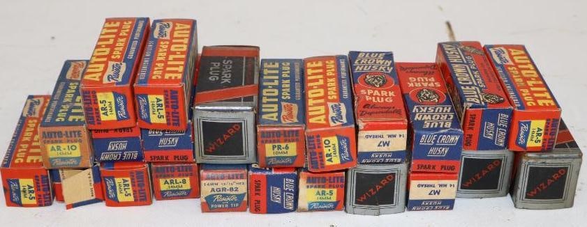 Group of 23 Wizard, Auto-Lite, and Blue Crown Husky Spark Plugs in Original Boxes (1 of 2)