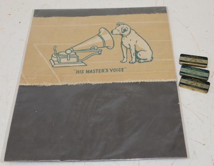 Group of 4 Victrola Stylus Tins & Advertising Cloth with Nipper the Dog on it (1 of 5)