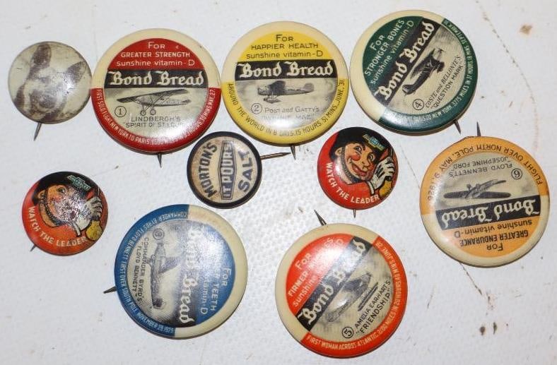 Group of 10 1920's Bond Bread Pinback Badges with Airplanes: Largest is 1.5" x 1.5"