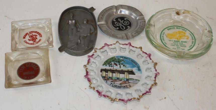 Group of 6 Glass & Metal Advertising Ash Trays & Souvenirs: Largest is 6" x 6" x 2"