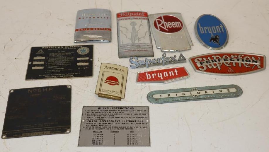 Group of 12 Household Appliance Name & Serial Tags: Largest is 3.25" x 7"