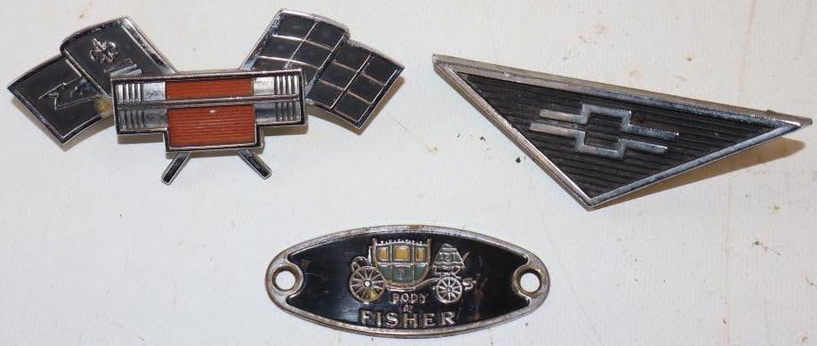 Group of 3 Body by Fisher & Chevrolet Car Emblems: Largest is 3.5" x 1.5"