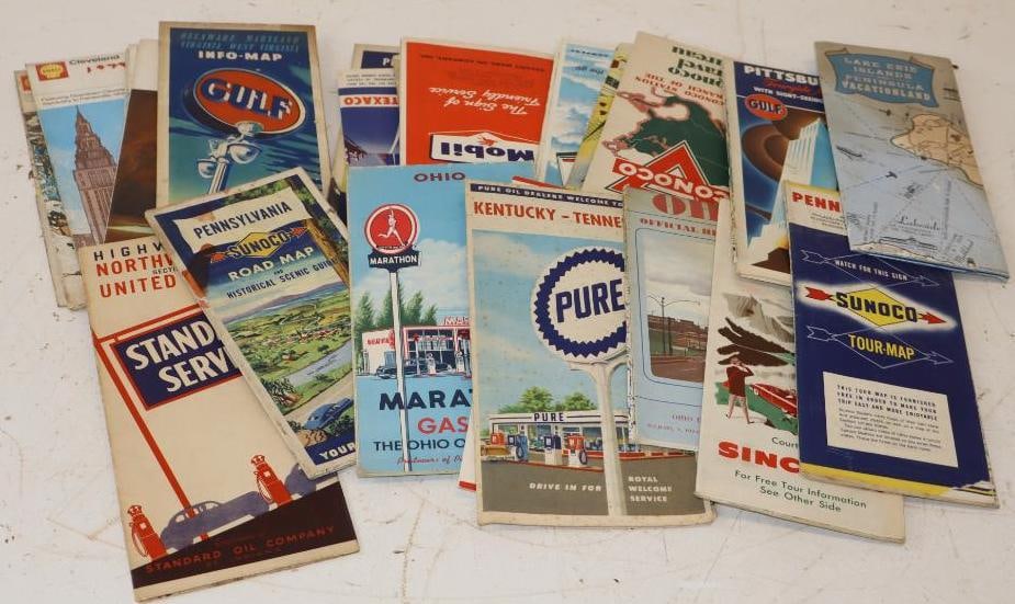 Group of 23 Gas Station Advertising Maps & Points of Interest: Largest is 9" x 4"