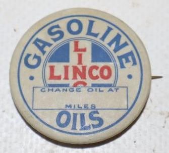 Linco Gasoline Oil Change Reminder Pinback Badge: 1.25" x 1.25"