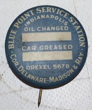 Bluepoint Service Station Pinback Badge Oil Change Reminder: 1.5" x 1.5"