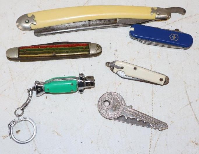 Group of 6 Advertising Pocket Knives & Straight Razor: Largest is 6" x 1"