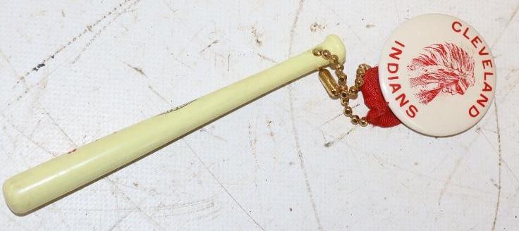 Group of 2 Cleveland Indians Louisville Slugger Bat Keychain & Pinback Badge: Largest is 4.75" x .5"