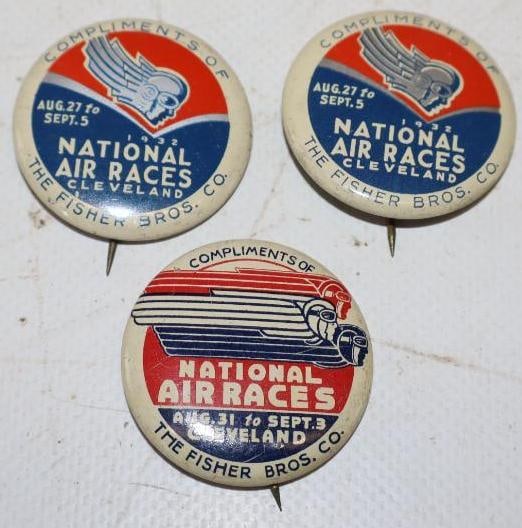 Group of 3 1930's Cleveland National Air Races Pinback Badges: 1.25" x 1.25" each