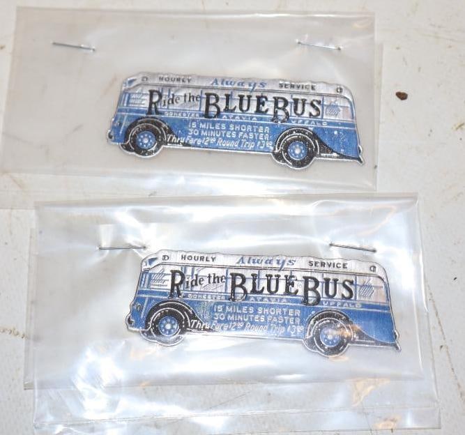 Group of 2 'Ride the Blue Bus' Diecut Embossed Advertisements: 2.75" x 1" each