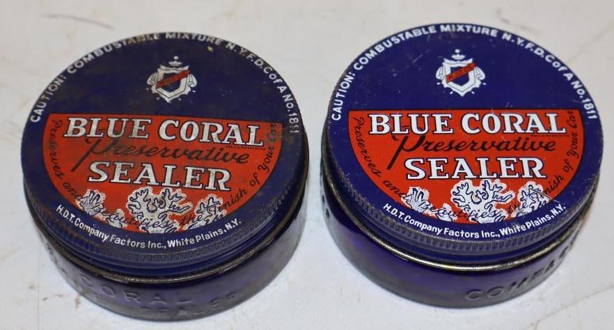 Group of 2 Blue Coral Wax Advertising Glass Jars: Has contents. 2.25oz each