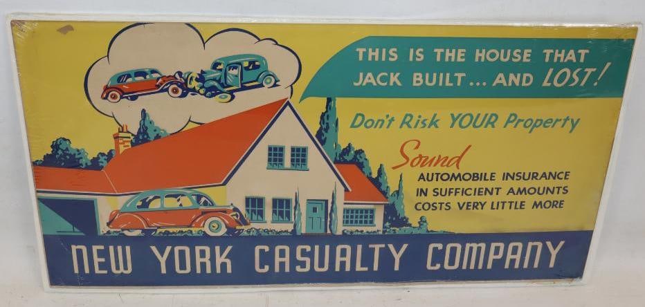 1930's New York Casualty Company Heavy Cardstock Advertising Sign: 21" x 11"