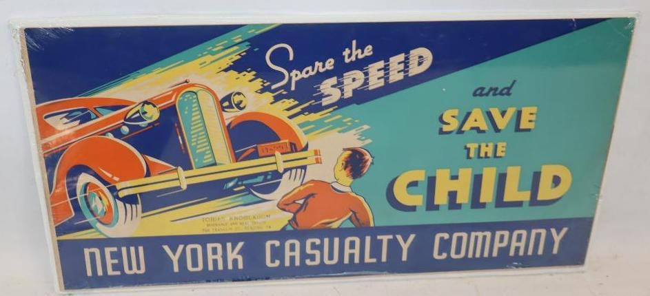 1930's New York Casualty Company 'Spare the Speed' Heavy Cardstock Advertising Sign: 21" x 11"