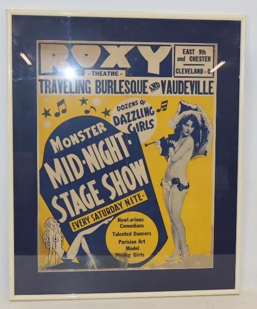 1950's Roxy Theatre Burlesque Show Framed Cardboard Advertising Sign (1 of 5)