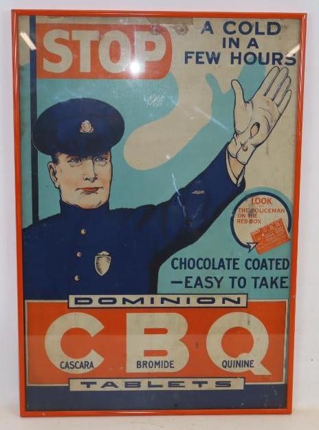 1920's Dominion CBQ Tablets Framed Cardboard Advertising Sign: 19" x 27.25"