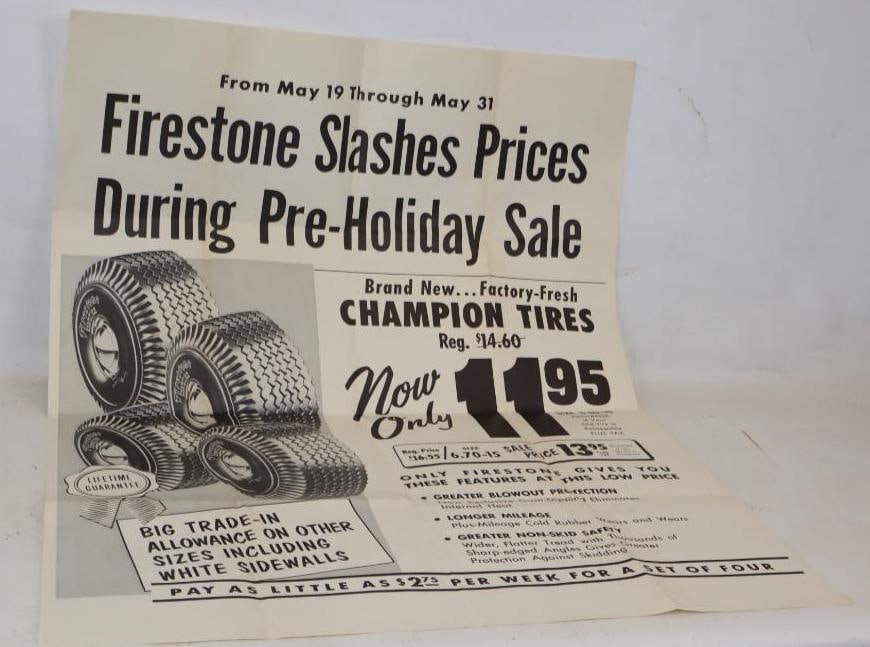 N.O.S. Firestone Champion Tires Advertising Window Poster: 34" x 45"