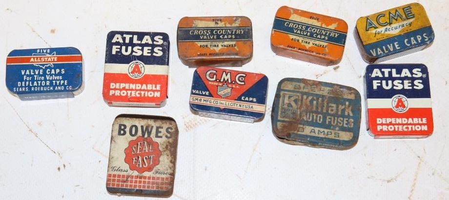 Group of 9 Automobile Fuse & Valve Cap Tins: Largest is 1.25" x 1.75"