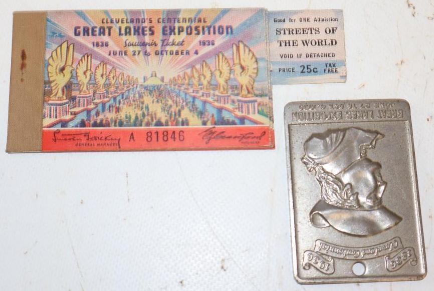 Group of 2 1936 Cleveland Great Lakes Exposition Ticket Book & Souvenir Commemorative Medal: Largest is 5" x 2"