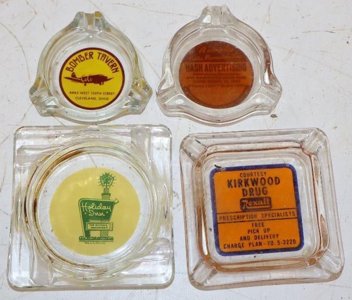 Group of 4 Glass Advertising Ash Trays: Largest is 4" x 4" x 1"