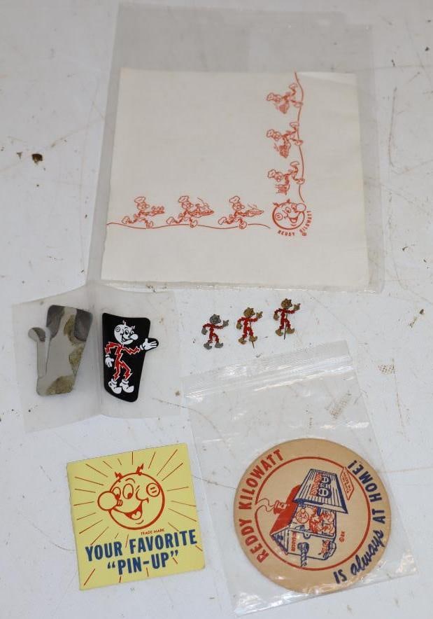 Group of 8 Ready Kilowatt Pins, Decals, and Advertising Napkin: Largest is 6.5" x 6.5"
