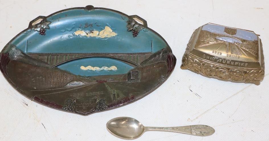 Group of 3 Ohio Turnpike Tray, Spoon & Jewelry Box Souvenirs: Largest is 7" x 5"