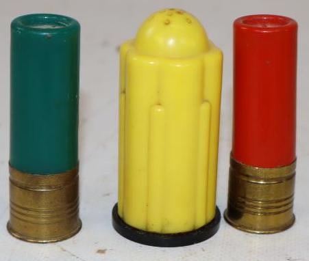 Group of 3 Shotgun Shell & Art Deco Salt and Pepper Shakers: Largest is 1.25" x 1.25" x 2.5"