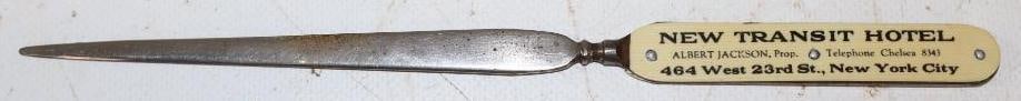 New Transit Hotel New York City Advertising Letter Opener: 8.75" long