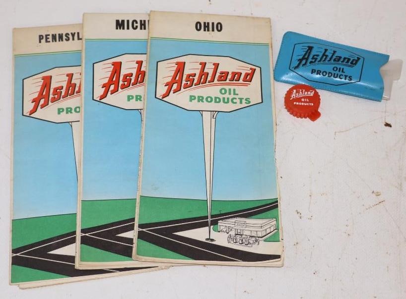 Group of 5 Ashland Oil Products Gas Station Maps, Bottle Cap & Rain Hat (1 of 3)