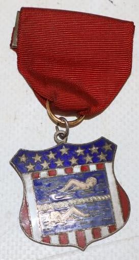 Cloisonne Swimming Shield Shaped Red, White & Blue Pinback Badge: 1.25" x 3"