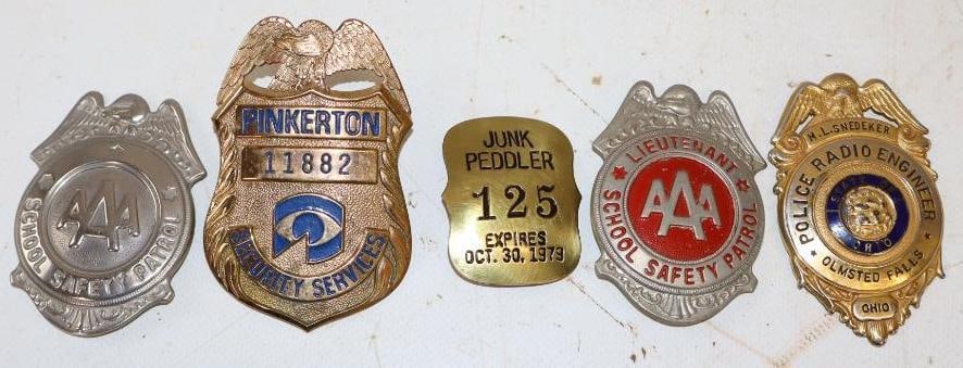 Group of 5 AAA, Pinkerton Security Services, Junk Peddler, & Police Radio Engineer Badges (1 of 4)