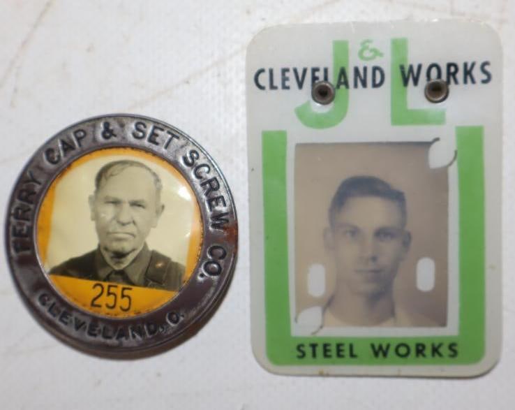 Group of 2 Ferry Cap & Screw, and Cleveland Steelworks Employee Pinback Badges: Largest is 2" x 2.5"