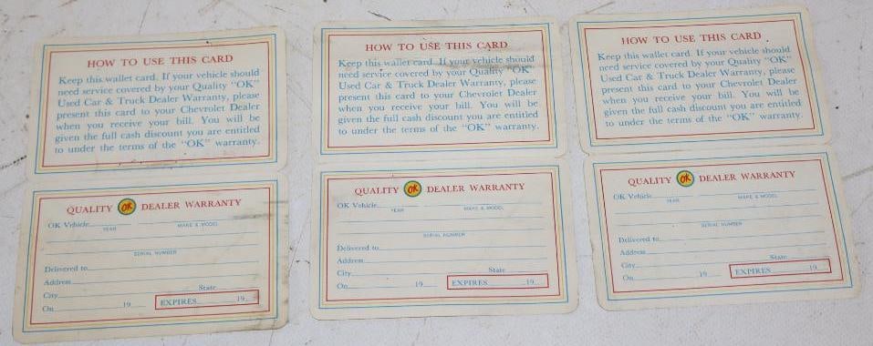 Group of 3 Okay Used Cars Dealer Warranty Cards: 4" x 5" each