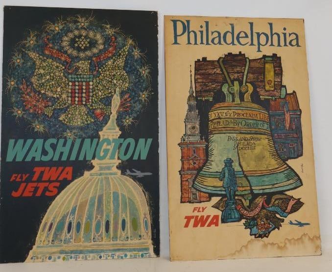 Group of 2 1950's TWA Washington & Philadelphia Paper over Masonite Advertising Signs (1 of 8)