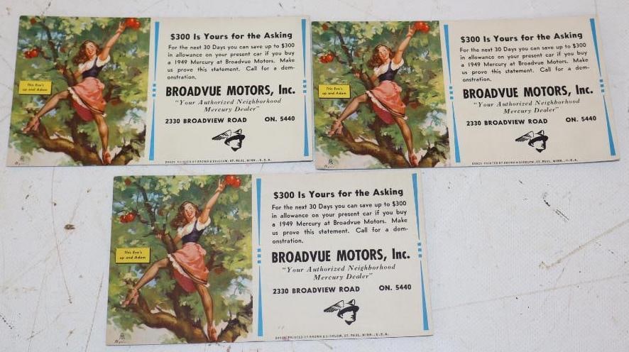 Group of 3 Broadvue Motors 1949 Mercury Ink Blotters: 6" x 3.5" each