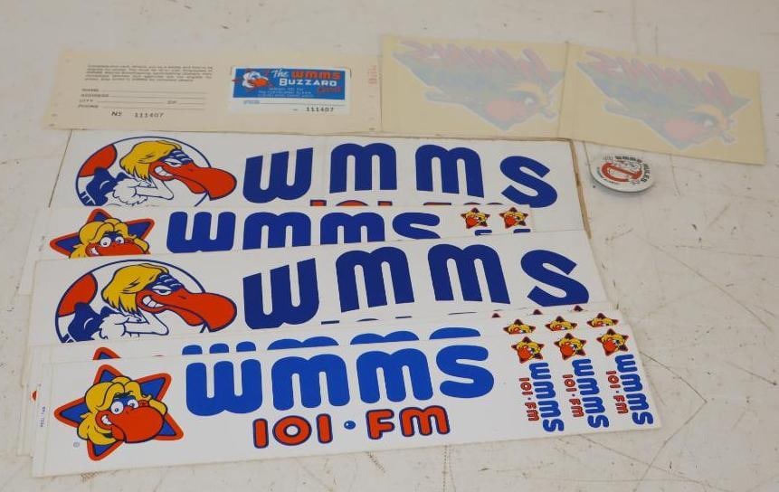 Group of 8 WMMS Radio Bumper Stickers, Pinback Badge, & Club Card: Largest is 13.5" x 4"