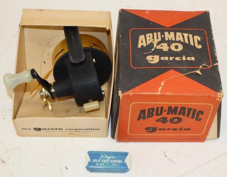 Abu-Matic 40 Garcia Fishing Rod Reel & Sinkers in Original Box: 5" x 4" x 3"