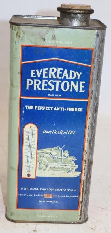 1920's Eveready Prestone Half Gallon Antifreeze Graphic Oil Can: Empty. 3" x 4" x 10"