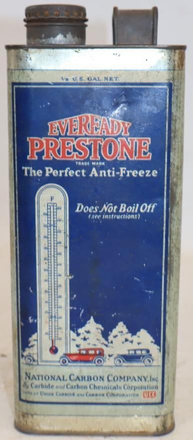 1920's Eveready Prestone Half Gallon Antifreeze Graphic Oil Can: Empty. 3" x 4" x 10"