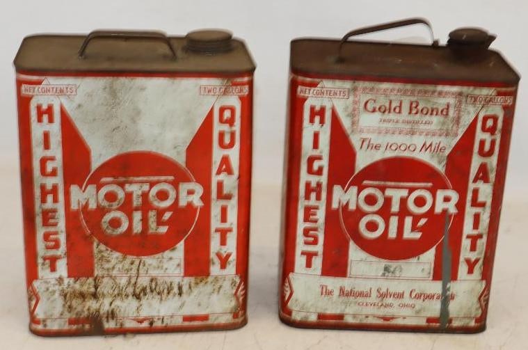 Group of Two Highest Quality Bulk Two Gallon Oil Cans: One is branded by Gold Bond, and handle is loose. Empty. 6" x 8.5" x 11" each