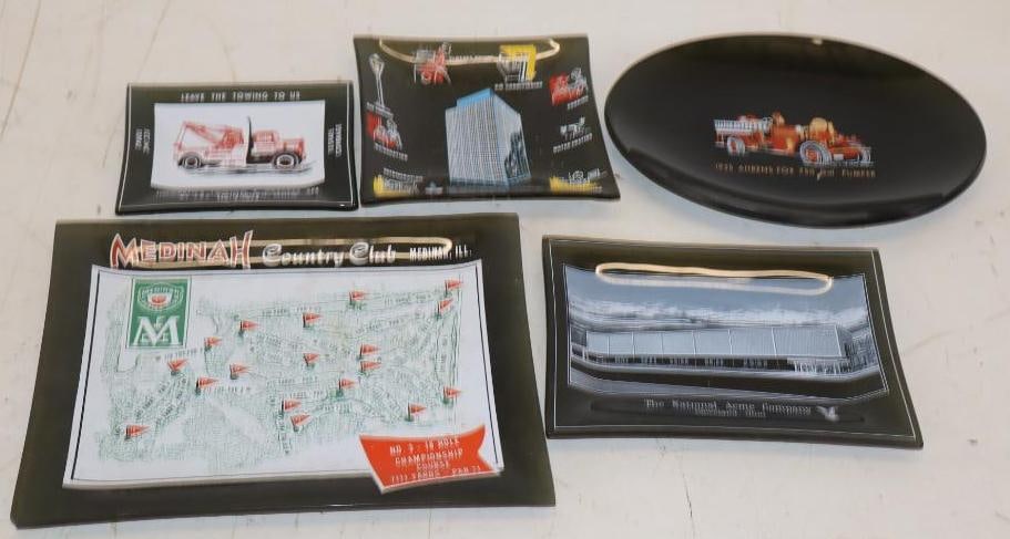 Group of 5 Glass Advertising Ash Trays: Largest is 9x6.75